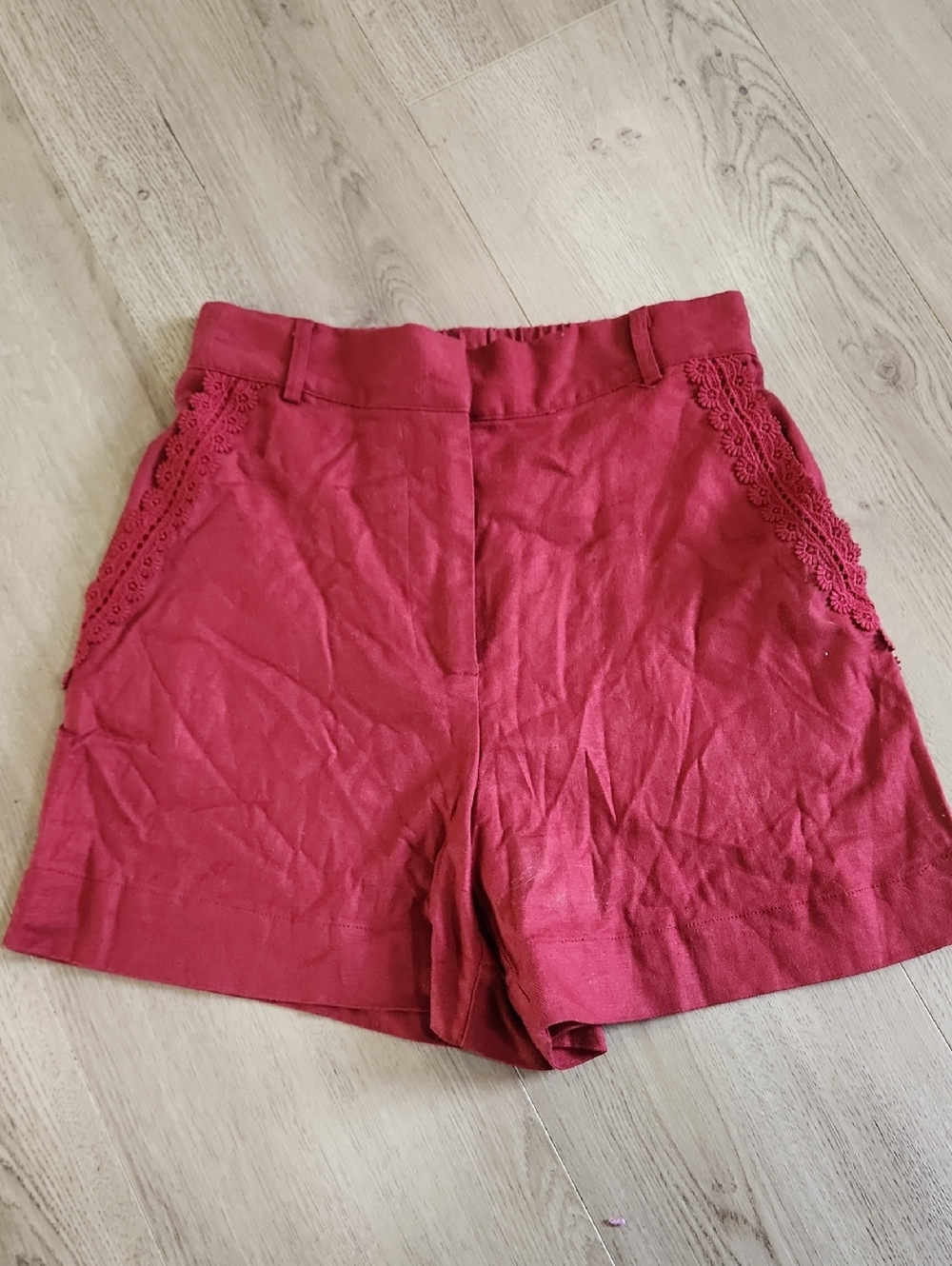 House of Harlow 1960 Red High-Waist Lace-Trim Shorts